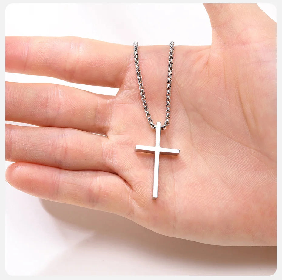 Vnox Mens Cross Necklaces, Stainless Steel Layered Plain Cross Pendant, Rope Box Chain Necklace, Simple Prayer Jesus Collar