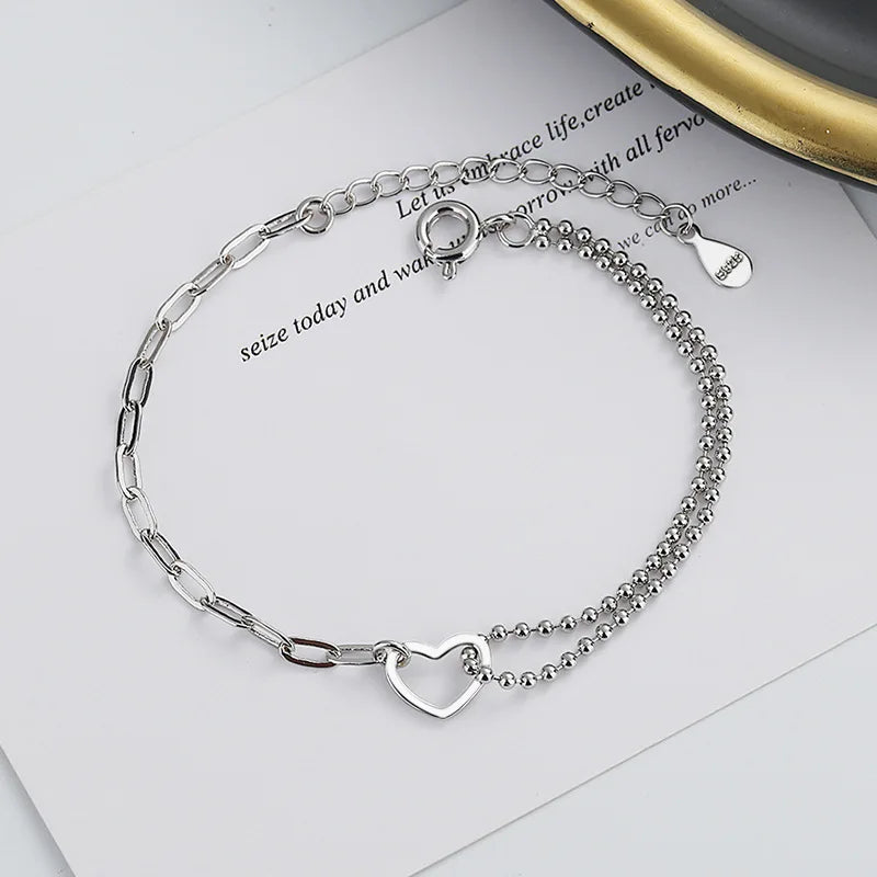 VENTFILLE 925 Sterling Silver Double Love Heart Hollow Round Beads Bracelet Female Fashion Romantic Jewelry Classic Adjustable