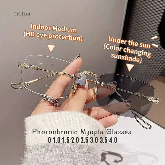 Rimless Photochromic Myopia Glasses Luxury Women Men Color-changing Nearsighted Eyewear Discolored Anti Blue Light Glass