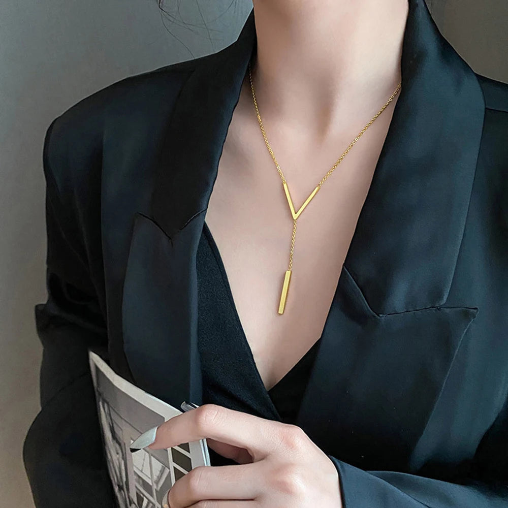 SUMENG New V-shaped Long Sexy Clavicle Gold Colour Chain Necklace Choker for Women 2024 Fashion Jewelry Party Gifts