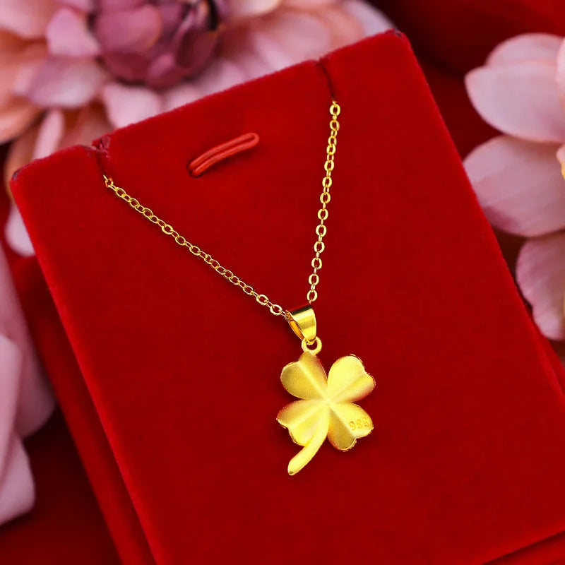 14 K Gold Color Lucky Clover Pendant Necklace for Women Fine Jewelry Genuine Solid Gold Color for Women Wedding Luxury Jewelry