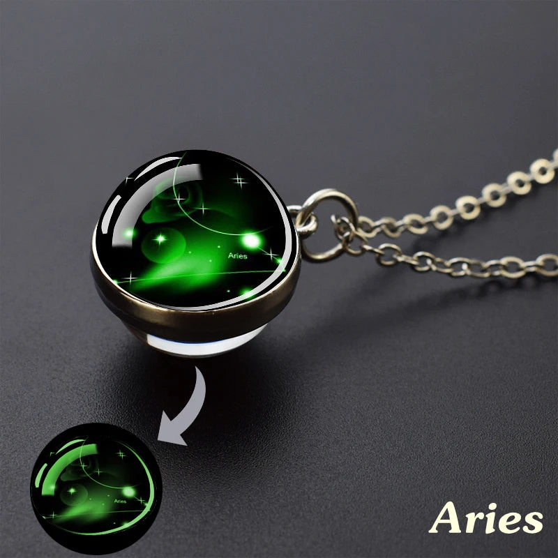 12 Constellation Necklace Starry Sky Luminous Zodiac Glass Ball Pendant Necklace Christmas Gift for Men Women