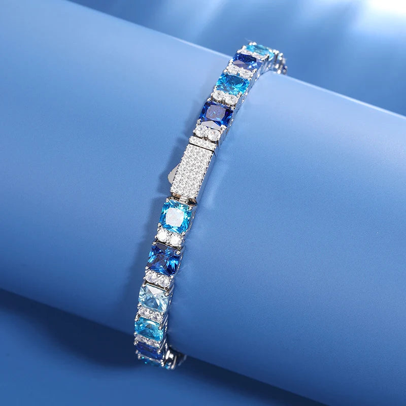 ICEOUTBOX Gradient Blue Square Baguette Tennis Bracelet For Women S925 Silver New Original Men Unisex Hip Hop Jewelry Party Gift