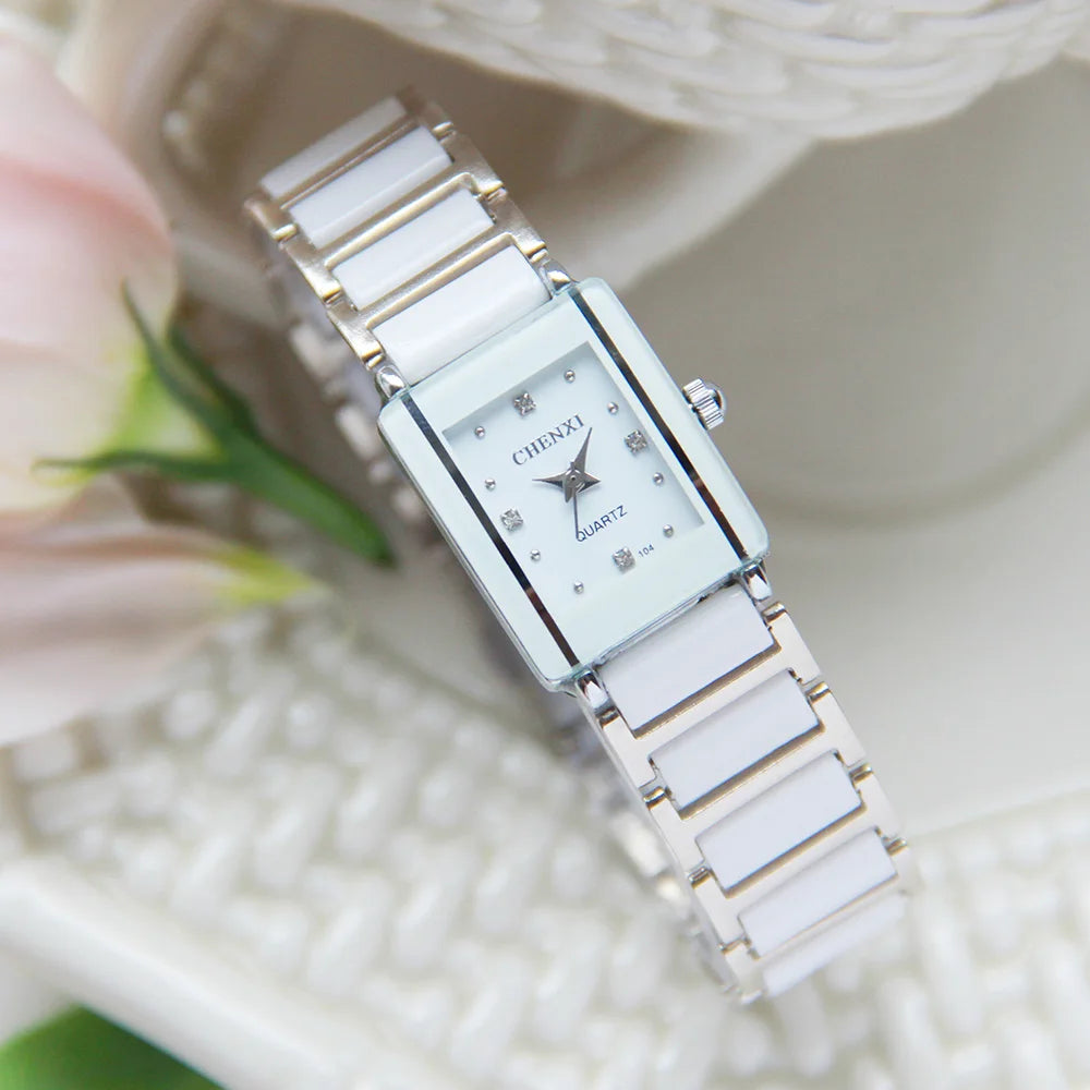 Luxury Brand CHENXI Elegant Women Watch Rhinestone White Silver Simple Stylish Ceramics Bracelet Quartz Casual Lady Wristwatch