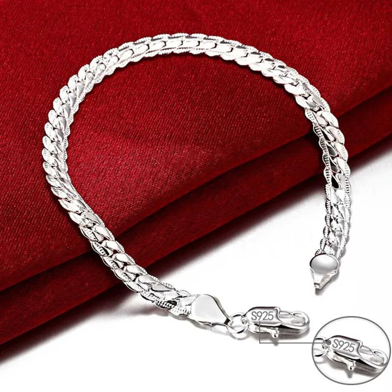 925 Sterling Silver Bracelet 6mm 18/20cm Flat Side Chain Lobster Clasp For Woman Man Wedding Engagement Jewelry