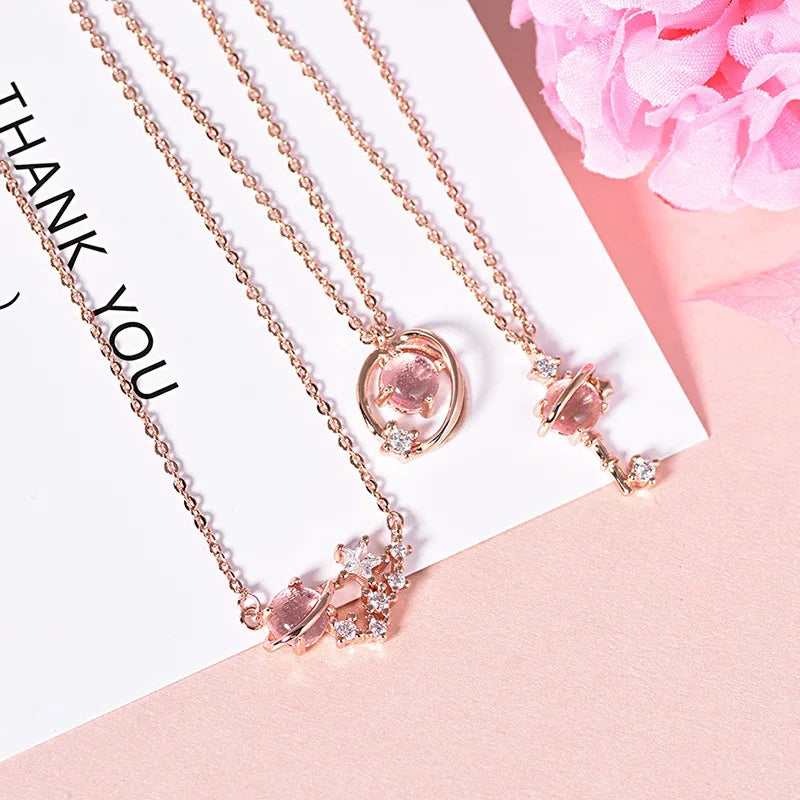 Pink Planet Meteor Shower Key Pendant Necklace Tiny Rose Gold Color Clavicle Chain Collar for Women Friendship Jewelry