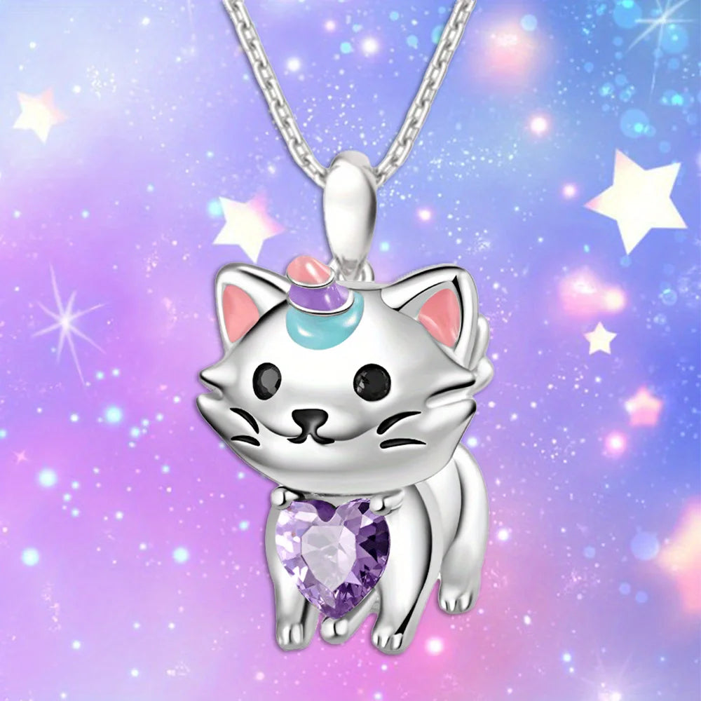 Beautiful Fashion Kitty Wearing Heart Shape Crystal Pendant Necklace Charm Jewelry Women Necklace Perfect Gift for Girls Women