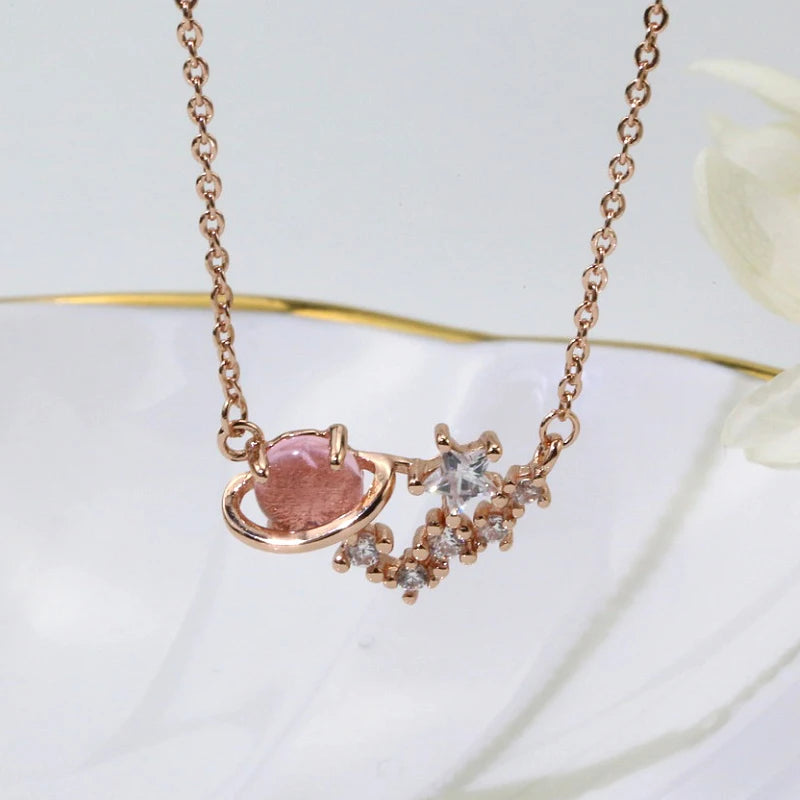 Pink Planet Meteor Shower Key Pendant Necklace Tiny Rose Gold Color Clavicle Chain Collar for Women Friendship Jewelry