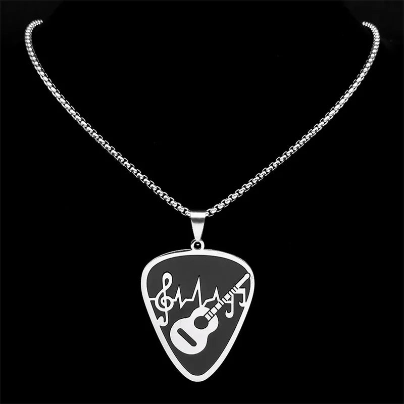 Rock Music Note Guitar Pick Necklace for Women Men Silver Color Stainless Steel Musical Symbol Chain Necklaces colares N7957S06