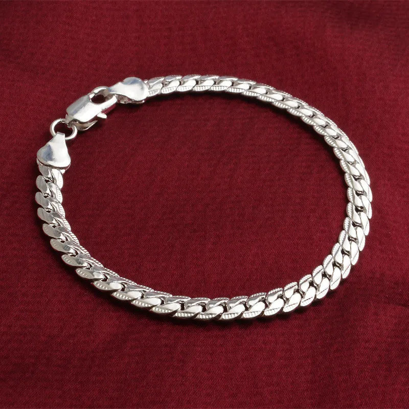 925 Sterling Silver Bracelet 6mm 18/20cm Flat Side Chain Lobster Clasp For Woman Man Wedding Engagement Jewelry