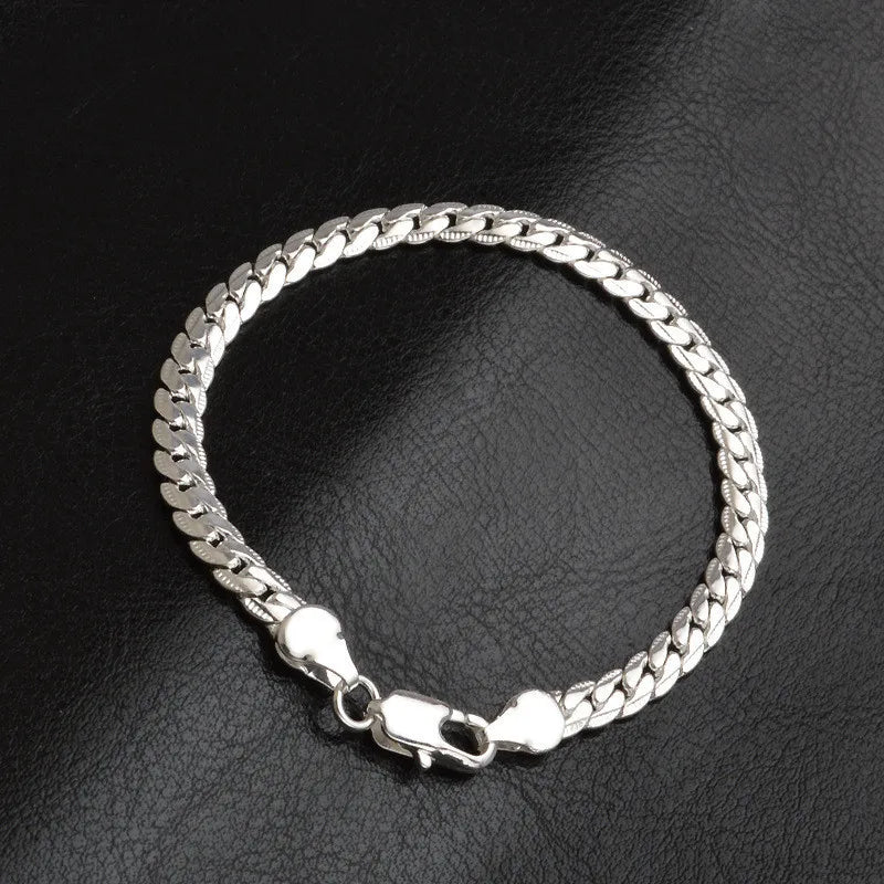 925 Sterling Silver Bracelet 6mm 18/20cm Flat Side Chain Lobster Clasp For Woman Man Wedding Engagement Jewelry