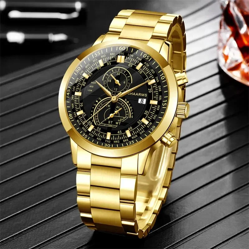 Mens Fashion Business Quartz Watch Fashion Fake Three Eye Six Pin Calendar Men Watch Stainless Steel Belt Men Watches