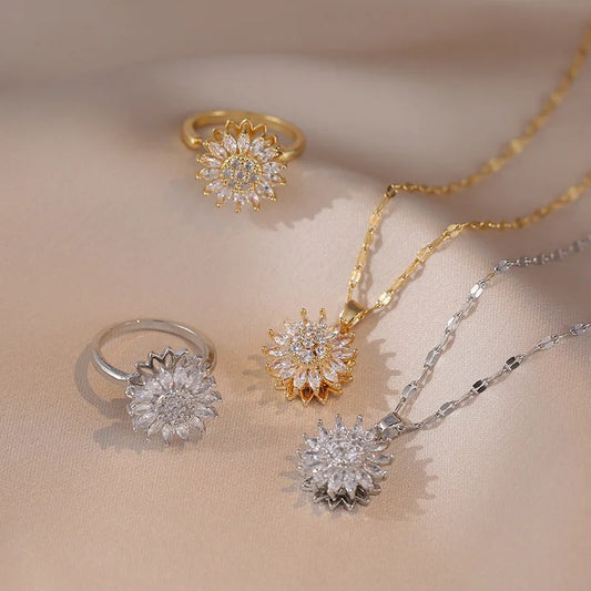 Fashionable and Exquisite Daisy Flower Rotatable Necklace Sunflower Ring Opening Decompression Stainless Steel Jewelry