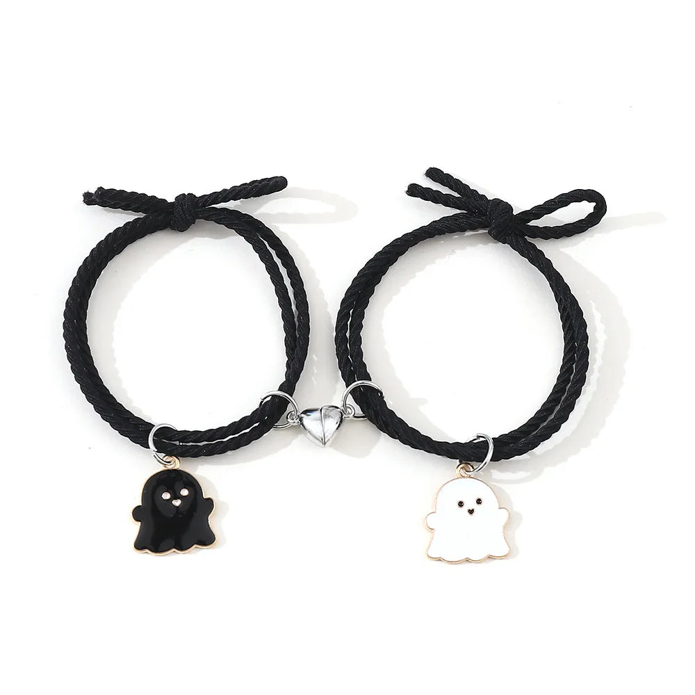 2Pcs Creative Heart Magnetic Matching Couple Bracelets for Women Men Cute Cartoon Ghost Pendant Bracelet BFF Friendship Jewelry