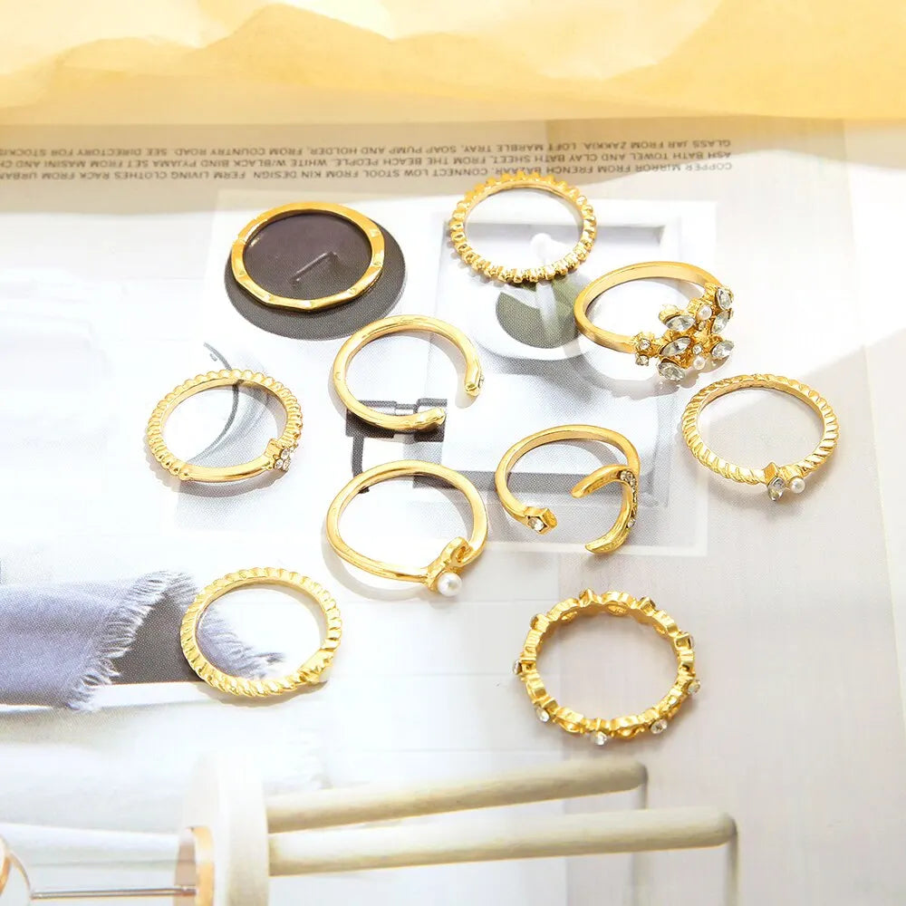 10Pcs Rings Suit For Women Gold-color Chain Ring Set Bohemian Style Coin Snake Moon Star Party Trend Gift Jewelry