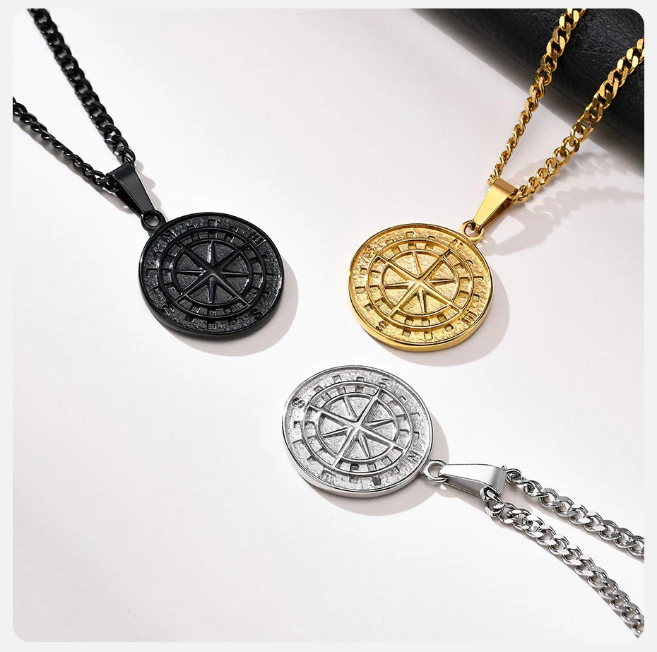 Vnox Layered Necklaces for Men, Sailing Travel Compass Pendant, Stainless Steel Cuban Figaro Wheat Chain, Casual Retro Collar