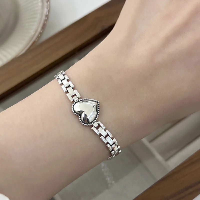 VENTFILLE 925 Sterling Silver Thai Silver Bracelet for Women Vintage Geometric Heart Love Lucky Punk Jewelry 2023 New Dropship