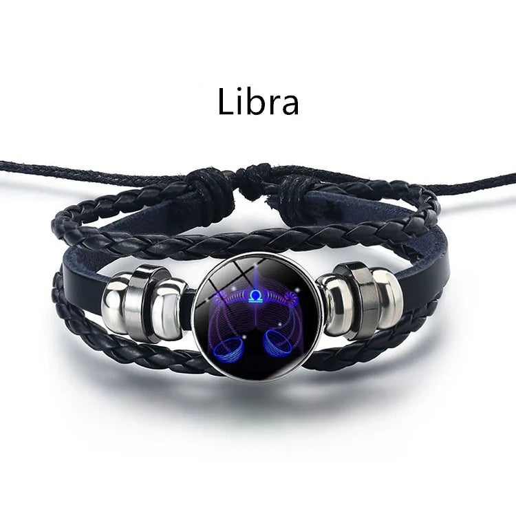 12 Constellation Zodiac Sign Black Braided Leather Bracelet Cancer Leo Virgo Libra Woven Glass Dome Jewelry Punk Men Bracelet