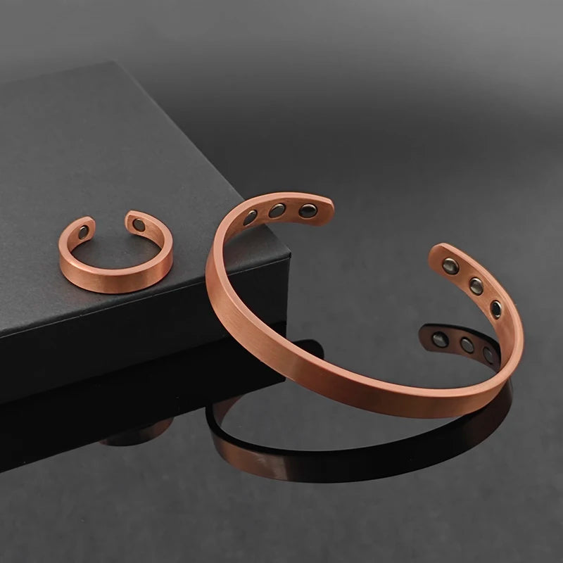 SNQP Set Pure Copper Bracelets and Rings Simplicity Cuff Magnetic Bangles for Women Men Arthritis Health Solid Copper Jewelry