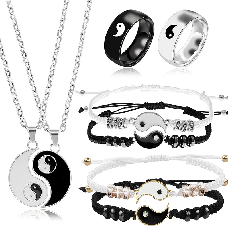 2/4Pcs Tai Chi Yin Yang Couple Bracelets Necklaces Set Pendant Adjustable Braid Chain Bracelet Matching Lover Bracelets Choker