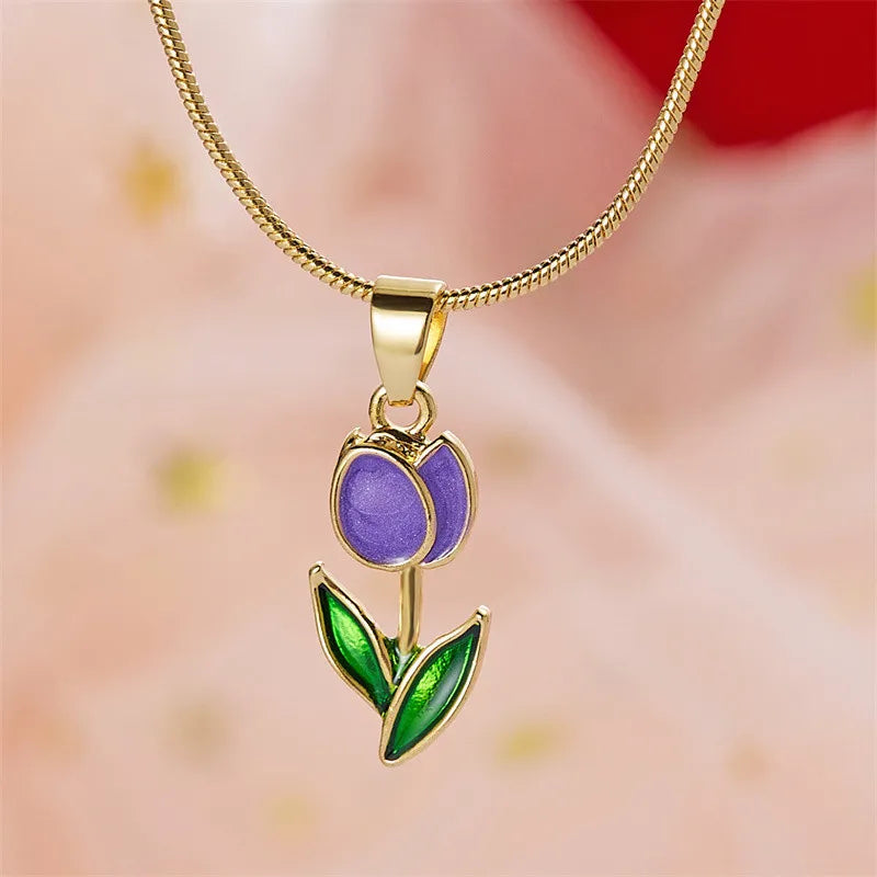 Vintage Elegant Enamel Tulip Flower Pendant Necklace For Women Fashion Young Girls Personality Accessories Clavicle Chain Choker