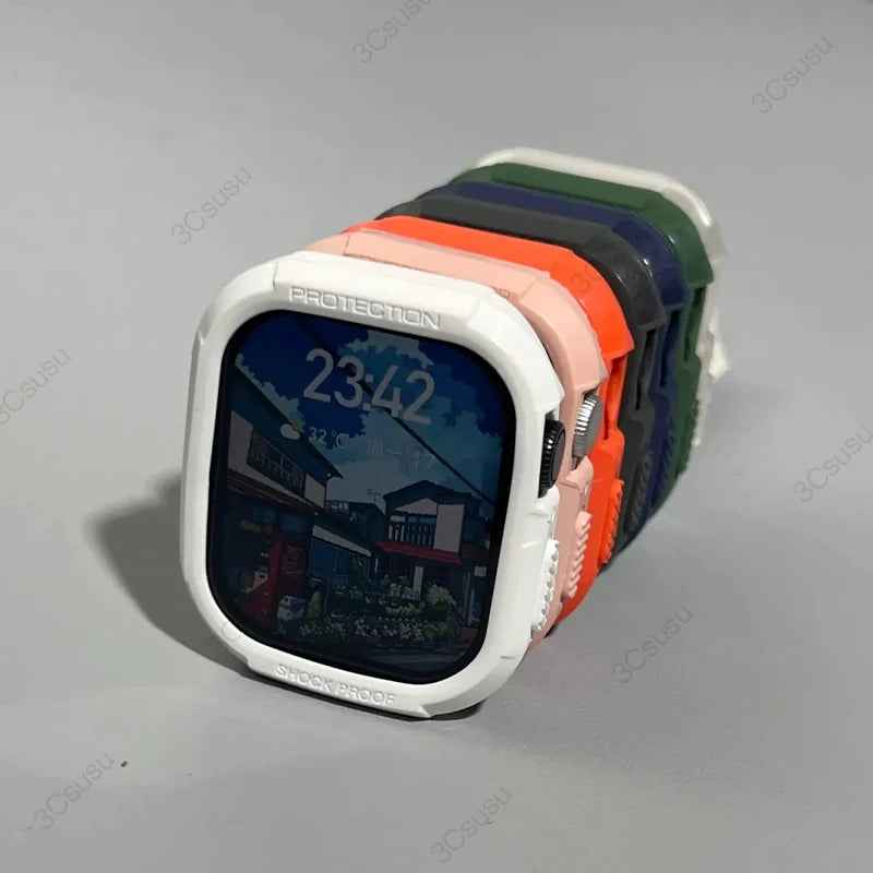 Silicone Case+Strap for Apple Watch Series 9 45mm 41mm 8 7 for Iwatch Ultra 2 Series 6 5 4 SE Protective Cover Bracelet TPU Case