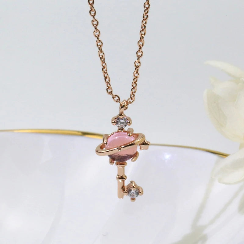 Pink Planet Meteor Shower Key Pendant Necklace Tiny Rose Gold Color Clavicle Chain Collar for Women Friendship Jewelry