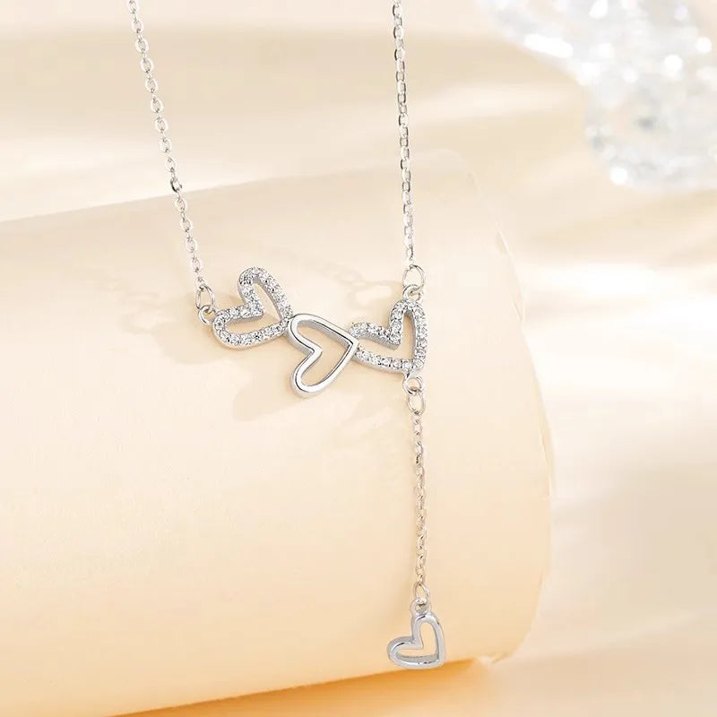 925 Sterling Silver Hollow Heart Necklace Sparkling Diamond Tassel Pendant Women's Clavicle Chain Wedding Jewelry Accessories