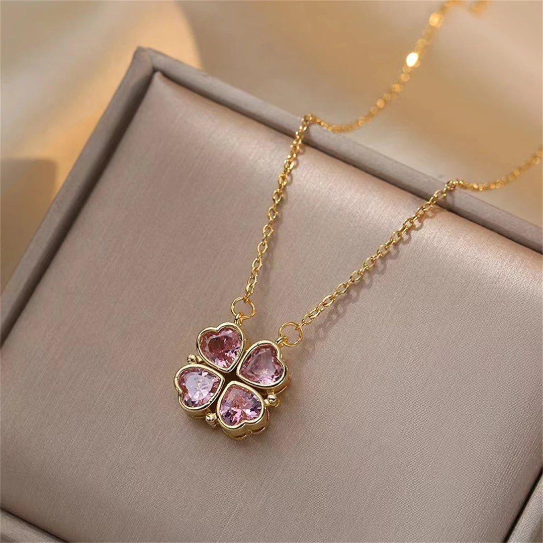 Fashion Retro Lucky Four Leaf Clover Women Necklace Gothic Love Heart Pendant Choke Chain Necklace Stainless Steel Jewelry Gift