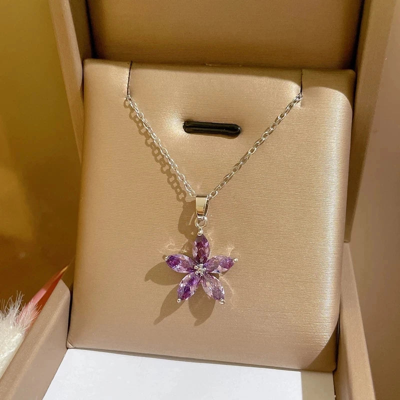 OIMG Stainless Steel Multiple Styles New Design Heart Flower Zircon Pendant Necklace for Women Girls Elegant Luxury Jewelry