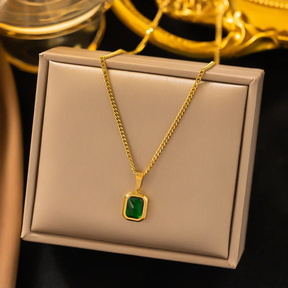 OIMG 316L Stainless Steel Gold Plated Emerald Zirconia Geometric Square Pendant Necklace For Women Girls Temperament Jewelry