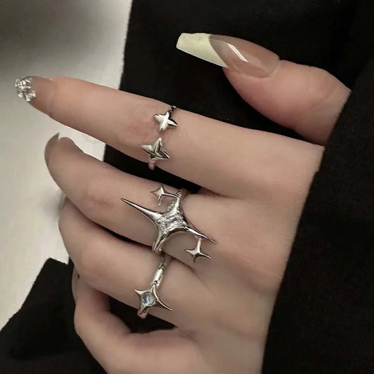 Vintage Irregular Cross Star Open Ring for Women Men Punk Gothic Sliver Color Adjustable Couple Rings Y2K Egirl Jewelry Gift