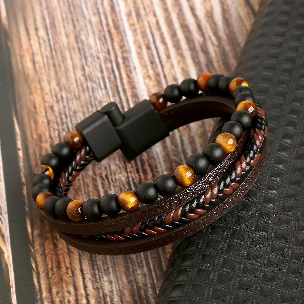 Vintage Multi-Layer Leather Bracelet Men Punk Cross Charm Tiger Eye Stone Beads Bracelet Fashion Braided Wrap Wristbands Jewelry