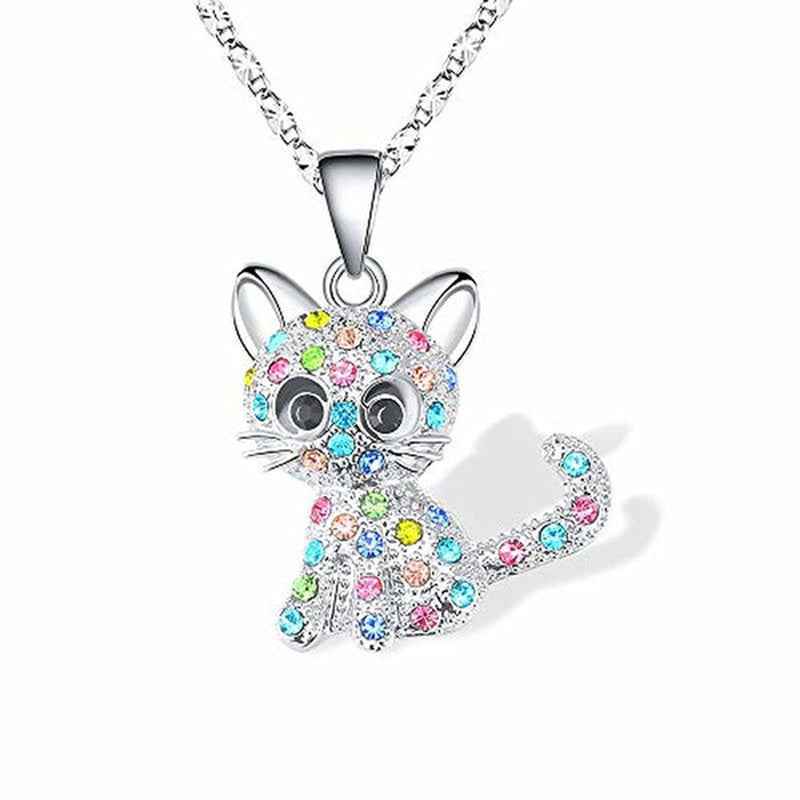 Pink Girl Cat Pendant Necklace for Women Sparkle Color Zircon Cartoon Animal Kitten Necklace Valentine's Day Anniversary Gift