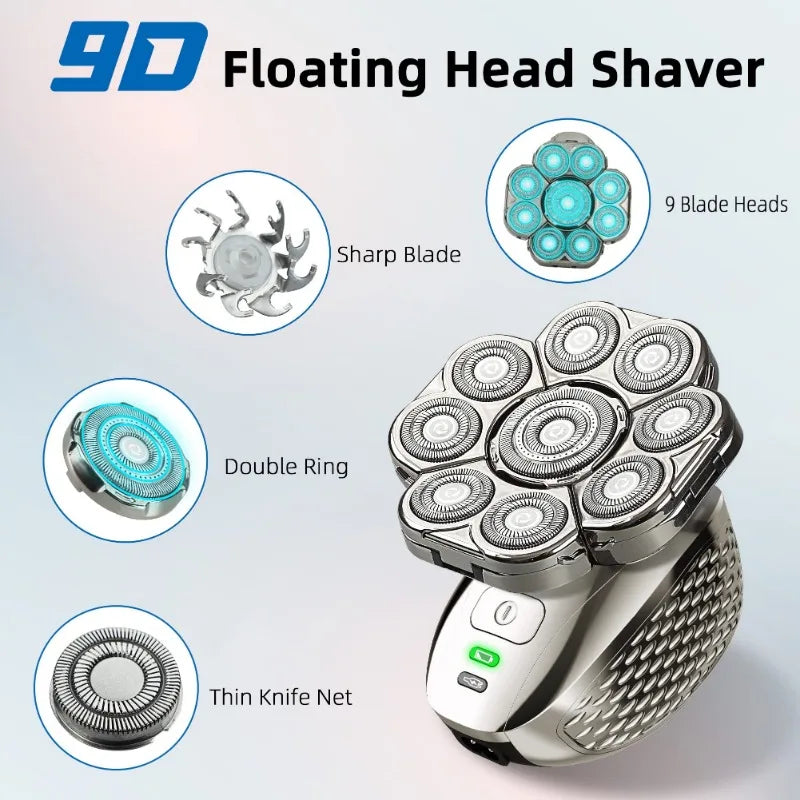 4D Head Shavers for Bald Men, Upgraded 9 Floating Heads 6-in-1 Rechargeable Waterproof Wet Dry Bald Head Shavers for Men