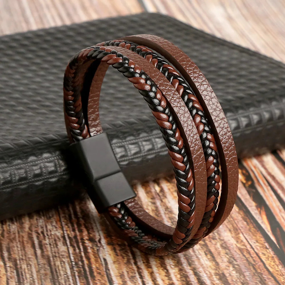 High Quality Leather Bracelet Men Classic Fashion Red Tiger Eye Beaded Multi Layer Leather Bracelet For Men Jewelry Gift