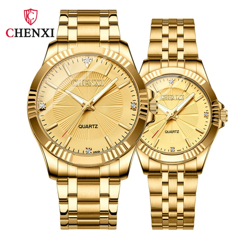 CHENXI 050A Brand Luxury Gold Dress Watches Stainless Steel Unique Golden Woman Men Business Quartz Wristwatch Waterproof