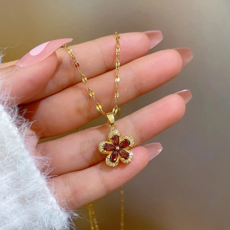 OIMG Stainless Steel Multiple Styles New Design Heart Flower Zircon Pendant Necklace for Women Girls Elegant Luxury Jewelry