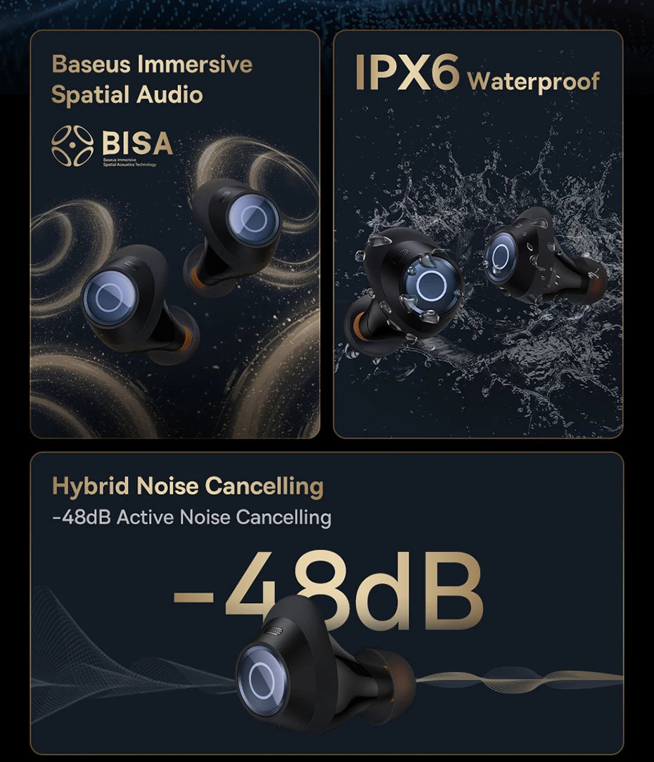 Baseus Bowie MA10 Pro Wireless Earphones 48dB Active Noise Cancellation Bluetooth 5.3 Earbuds 40H Battery Life IPX6 Waterproof