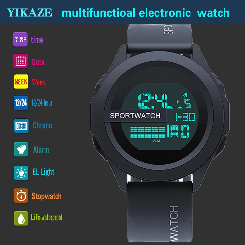 YIKAZE Men Sport LED Watches Top Brand Men Digital Clock Multi-Functional Rubber Man Fitnes Athlete Timekeeping Electronic Watch