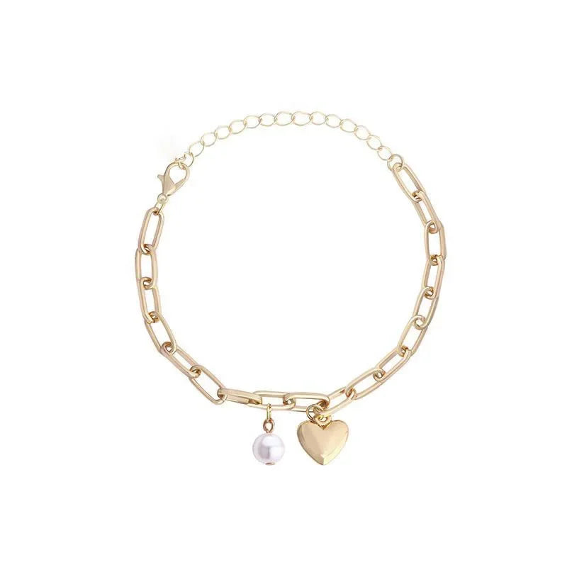 1PCS Fashion Korean Style Pearl Heart Pendant Bracelet Woman Simple Vintage Stainless Steel Chain Bracelet Jewelry Accessories