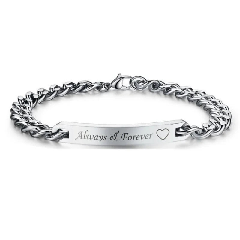 Couples Bracelet Engraved Always Forever Stainless Steel Lovers Bangles Valentines Day Gift for Wife Husband Boyfriend GF