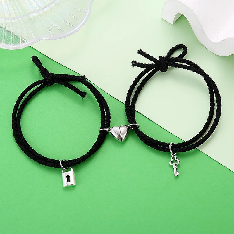 1 Pair Magnet Couple Bracelets for Lovers Lock Heart Magnetic Bracelet for Women Men Adjustable Braided Rope Jewelry Gift