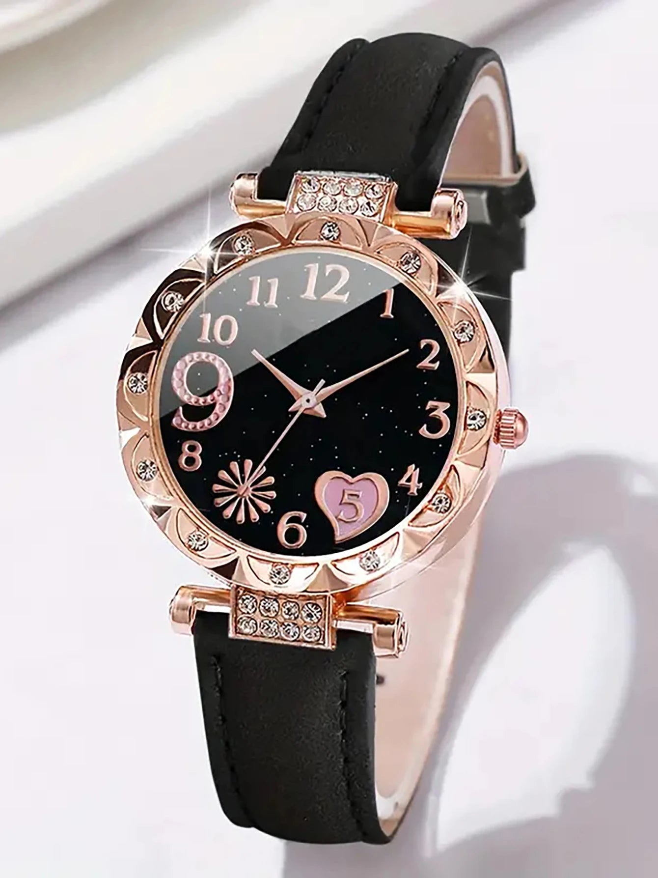 6PCS Women's Fashion Quartz Watch Luxury Pink Leather Band Analog WristWatch Ladies Watch Women Dress Bracelet Set  Clock