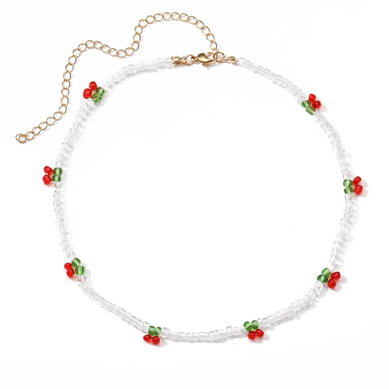 Bohemia Beaded Red Cherry Necklace for Women Cute Handmade Fruits Seed Bead Transparent Chokers Necklaces Boho Jewelry