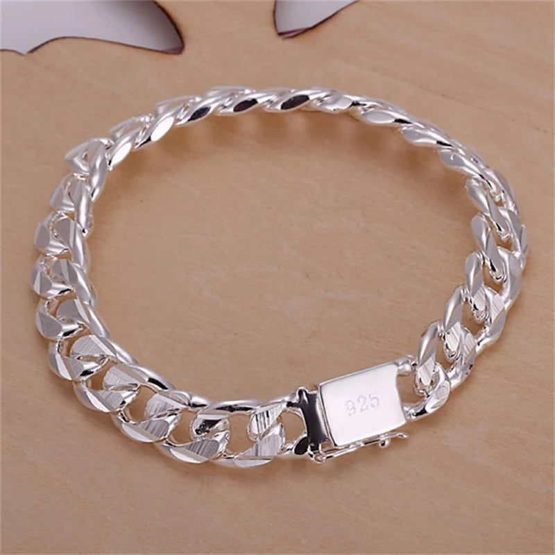 New High-end Women's Mens Fine Silver Color Bracelet Fashion Jewelry Gift Men's 10MM Square Beautiful Gem