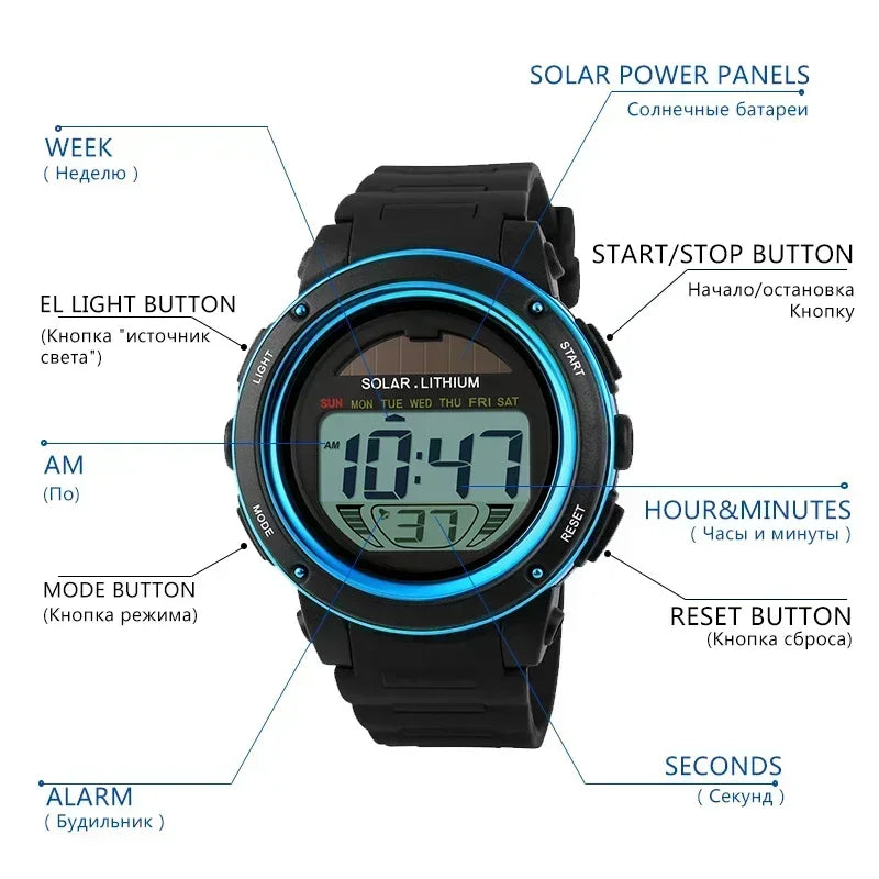 SKMEI 1096 Mens Chronograph Alarm 5Bar Waterproof Digital Watch reloj hombre Outdoor Sport Watch  Men Solar PU Strap watches