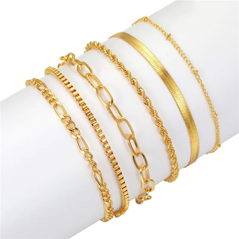 6Pcs Gold Color Bracelet Set Boho Retro Thick Twist Cuban Chain Bracelet for Women 2024 New Trendy Quality Jewelry Gifts