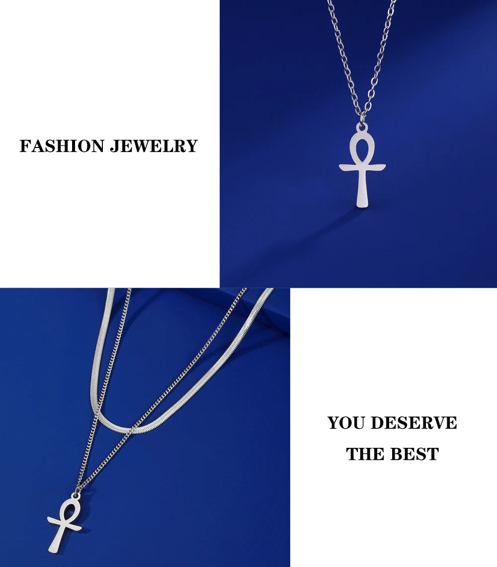 Lucktune Ankh Cross Egyptian Amulet Necklace Stainless Steel Key of Life Symbol Crucifix Pendant Necklace Women Religion Jewelry