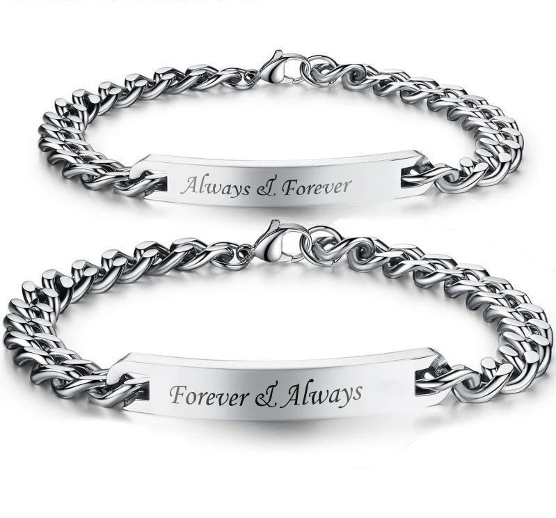 Couples Bracelet Engraved Always Forever Stainless Steel Lovers Bangles Valentines Day Gift for Wife Husband Boyfriend GF